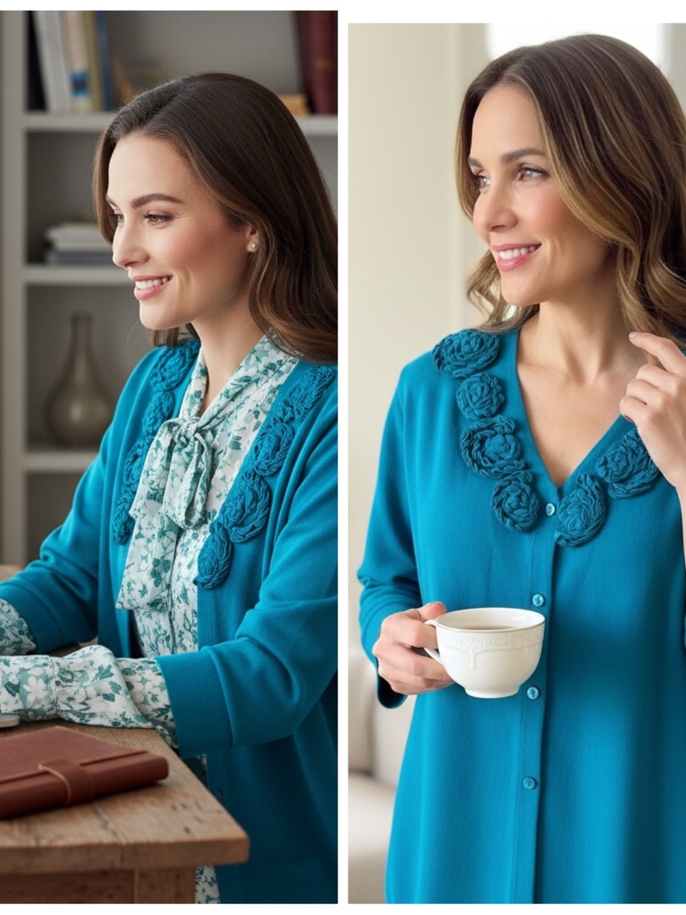 CJ Banks Teal Rosette-Trim Button Cardigan, 3/4 Sleeves, Button Front